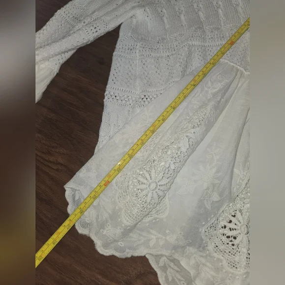 Altar'd State Bell Sleeve White Cotton Eyelet Crew Neck Scalloped Hem Sweater - Picture 7 of 8